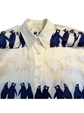 Vintage Escada Silk Penguins and Polar Bears Button Up Blouse 38 100% Silk